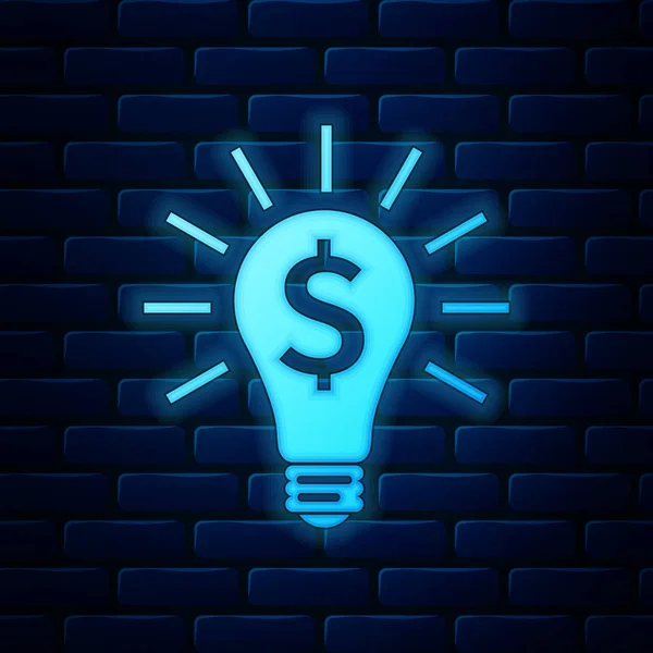 Glowing neon Light bulb with dollar symbol icon isolated on brick wall background. Money making ideas. Fintech innovation concept. Vector Illustration — Stock Vector
