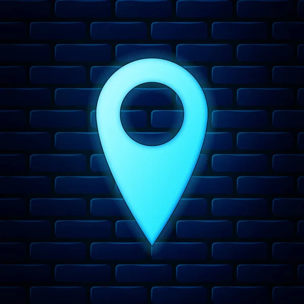 Glowing neon Map pin icon isolated on brick wall background. Pointer symbol. Location sign. Navigation map, gps, direction, place, compass, contact, search concept. Vector Illustration — Stock Vector