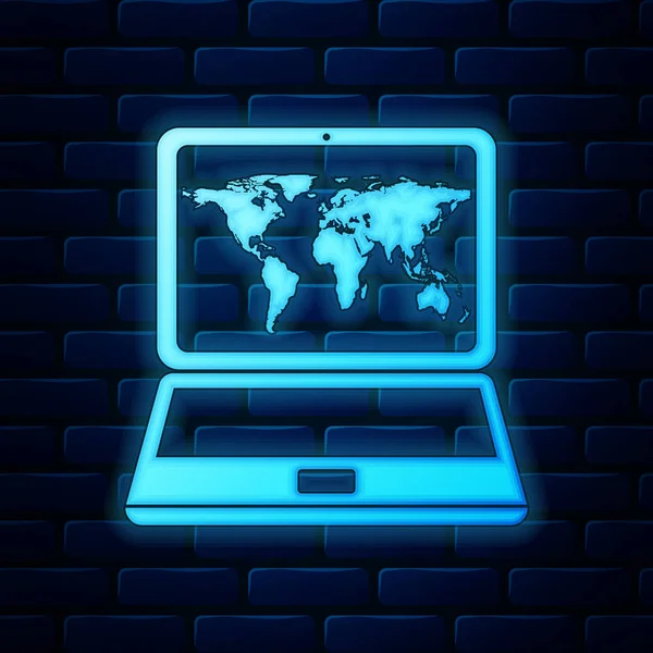 Laptop de néon brilhante com mapa do mundo no ícone de tela isolado no fundo da parede de tijolo. Símbolo da geografia do mapa mundial. Ilustração vetorial —  Vetores de Stock