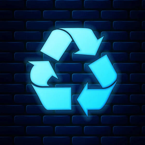 Lumineux néon Recycler icône symbole isolé sur fond de mur de briques. Icône flèche circulaire. L'environnement recyclable devient vert. Illustration vectorielle — Image vectorielle