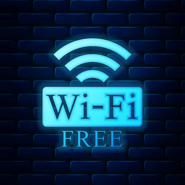Icono de Wi-Fi gratuito de neón brillante aislado en el fondo de la pared de ladrillo. Símbolo Wi-Fi. Icono de red inalámbrica. Zona Wi-Fi. Ilustración vectorial — Archivo Imágenes Vectoriales