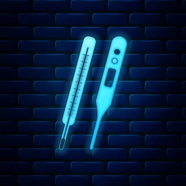 Tıbbi muayene ikonu için parıldayan neon klasik medikal termometre ve dijital termometre tuğla duvar arkasında izole edilmiş. Vektör İllüstrasyonu