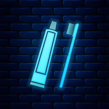 Duvarda parlayan neon tüp diş macunu ve diş fırçası ikonu izole edilmiş. Vektör İllüstrasyonu