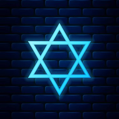 David 'in Parlayan neon yıldızı simgesi tuğla duvar arkasında izole edilmiş. Yahudi dini sembolü. Vektör İllüstrasyonu