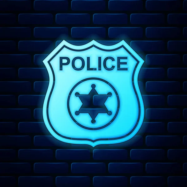 Gloeiende neon politie badge icoon geïsoleerd op bakstenen muur achtergrond. Sheriff badge teken. Vector illustratie — Stockvector