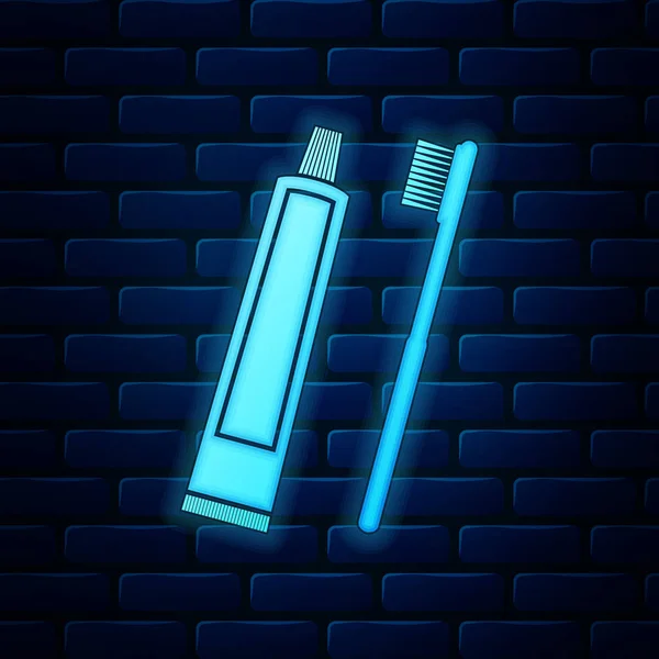 Duvarda parlayan neon tüp diş macunu ve diş fırçası ikonu izole edilmiş. Vektör İllüstrasyonu