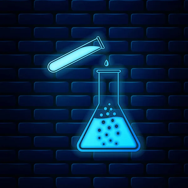 Brillante tubo de ensayo de neón y frasco - icono de prueba de laboratorio químico aislado en el fondo de la pared de ladrillo. Signo de cristalería del laboratorio. Ilustración vectorial — Vector de stock