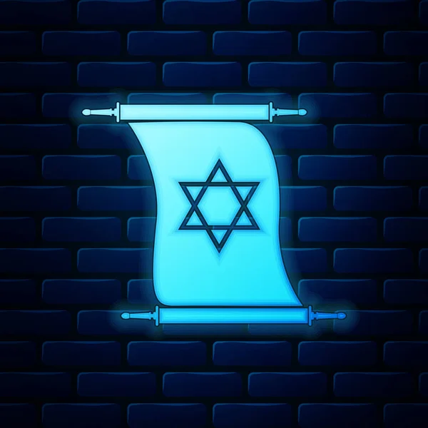 Gloeiende neon Torah scroll pictogram geïsoleerd op bakstenen muur achtergrond. Joodse Thora in uitgebreide vorm. Torah Boek teken. Ster van David symbool. Simpele perkament rol. Vector Illustratie — Stockvector