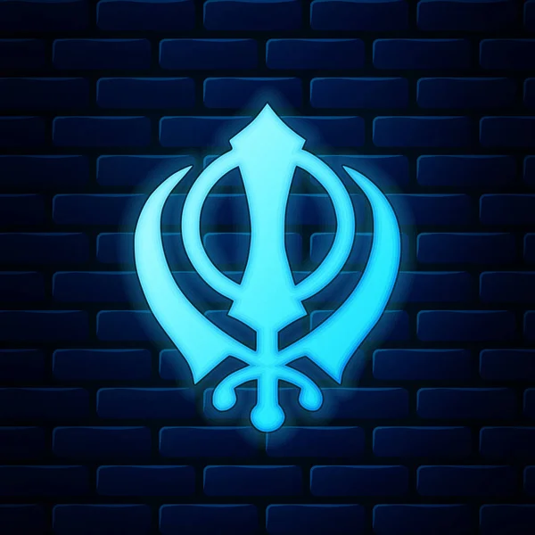 Icona simbolo luminoso neon sikhismo religione Khanda isolato su sfondo muro di mattoni. Simbolo Khanda Sikh. Illustrazione vettoriale — Vettoriale Stock
