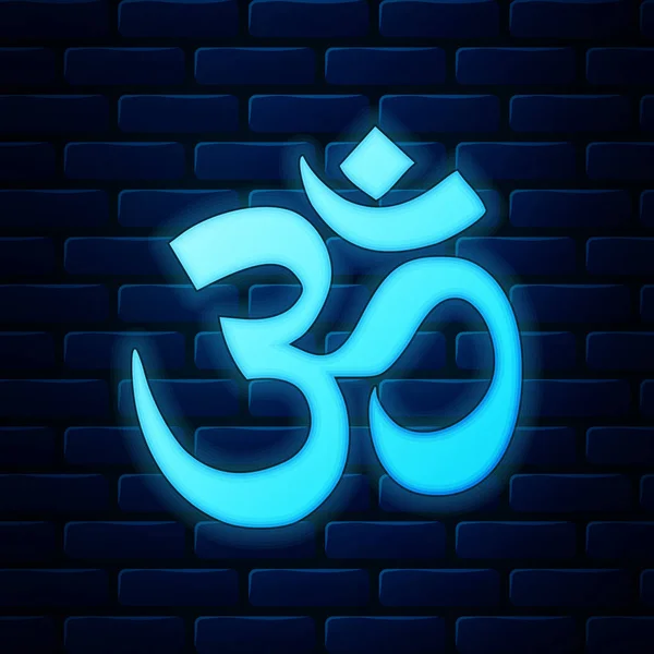 Zářící neon Om nebo Aum indické posvátné ikony zvuku na pozadí cihlové zdi. Symbol buddhismu a hinduismu náboženství. Symbol božské triády Brahmy, Višnu a Šivy. Vektorová ilustrace — Stockový vektor