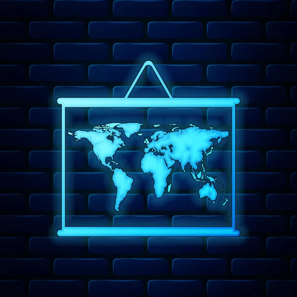 Néon brilhante Mapa do mundo em um ícone de quadro-negro da escola isolado no fundo da parede de tijolo. Desenho de mapa no quadro. Ilustração vetorial —  Vetores de Stock