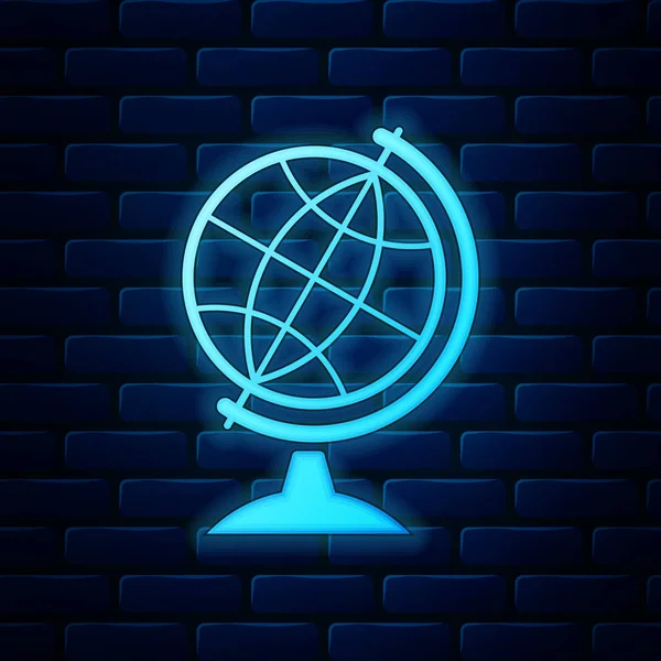 Gloeiende neon aarde Wereldbolicoon geïsoleerd op bakstenen muur achtergrond. Vectorillustratie — Stockvector