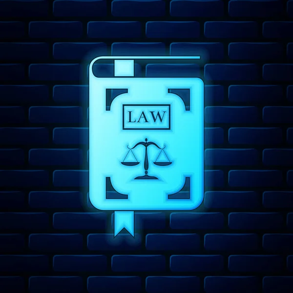 Gloeiende neon Law book statute boek met schalen van justitie pictogram geïsoleerd op bakstenen muur achtergrond. Vector Illustratie — Stockvector