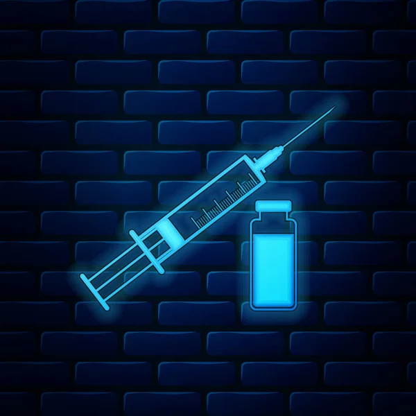 Светящийся неоновый медицинский шприц с иглой и иконой ампулы или флакона изолирован на фоне кирпичной стены. Вакцинация, инъекции, вакцина, инсулин. Векторная миграция — стоковый вектор