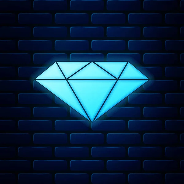 Icono de diamante de neón brillante aislado en el fondo de la pared de ladrillo. Símbolo joyería. Piedra de gema. Ilustración vectorial — Archivo Imágenes Vectoriales