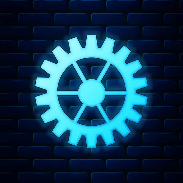 Glowing neon Gear icon isolated on brick wall background. Cogwheel gear settings sign. Cog symbol. Vector Illustration — Stock Vector