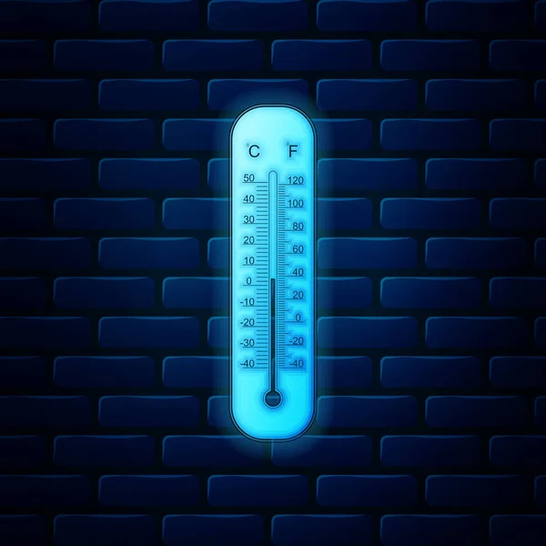 Λαμπερό νέον Κελσίου και fahrenheit θερμόμετρα μετεωρολογίας μέτρησης θερμότητας και κρύο εικονίδιο απομονώνονται σε τούβλο τοίχο φόντο. Θερμομετρικό εξοπλισμό που δείχνει ζεστό ή κρύο καιρό. Εικονογράφηση διανύσματος — Διανυσματικό Αρχείο