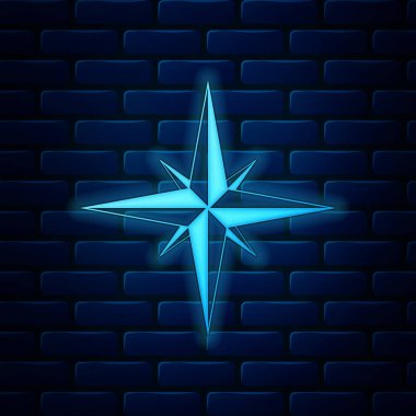 Parlayan neon rengi gül ikonu tuğla duvar arkasında izole edilmiş. Seyahat için pusula simgesi. Navigasyon tasarımı. Vektör İllüstrasyonu