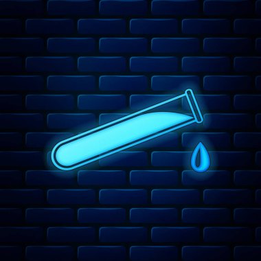 Parlak neon tüp ve şişesi - tuğla duvar arka plan üzerinde izole kimya laboratuvar test simgesi. Vektör çizim