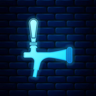 Tuğla duvar arka planda izole parlayan neon Bira dokunun simgesi. Vektör İllüstrasyonu