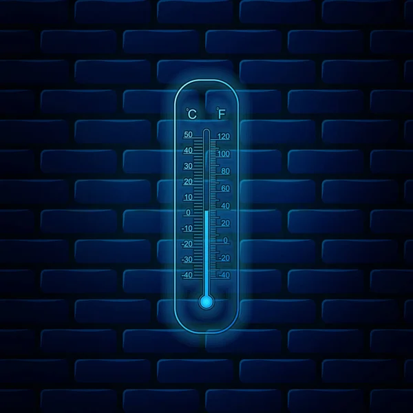 Glowing neon Celsius and fahrenheit meteorology thermometers measuring heat and cold icon isolated on brick wall background. Thermometer equipment showing hot or cold weather. Vector Illustration — 스톡 벡터