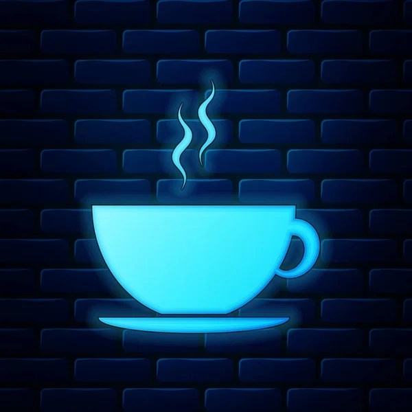 Neon incandescente icona tazza di caffè isolato su sfondo muro di mattoni. Una tazza di tè. Caffè caldo. Illustrazione vettoriale — Vettoriale Stock