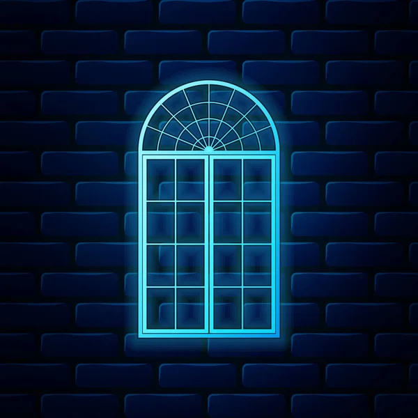 Icono de ventana de neón brillante aislado en el fondo de la pared de ladrillo. Ilustración vectorial — Vector de stock