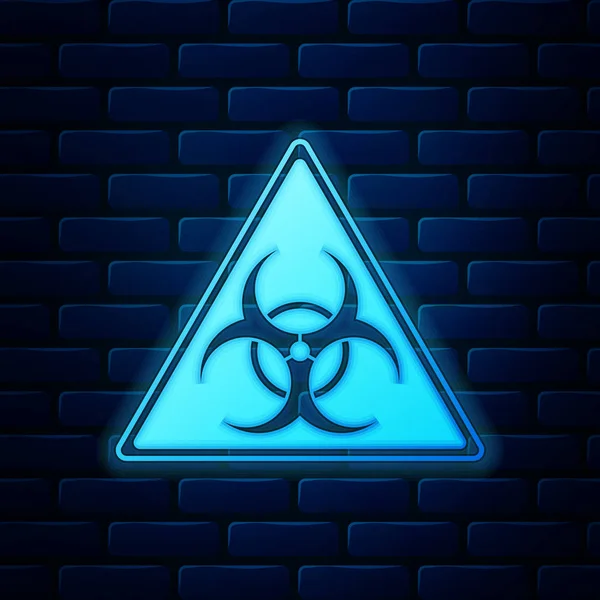 Glowing neon Triangle sign with Biohazard symbol icon isolated on brick wall background. Vector Illustration — Stock Vector