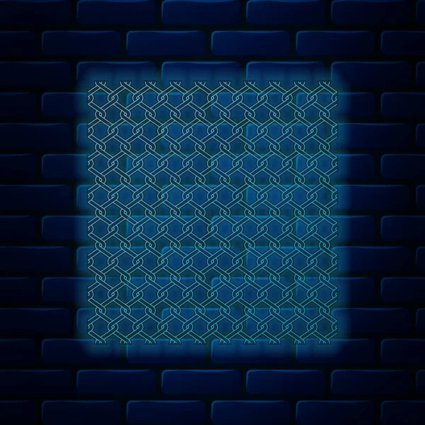 Icono de valla de cadena de neón brillante aislado en el fondo de la pared de ladrillo. Patrón de malla de alambre metálico. Ilustración vectorial — Vector de stock