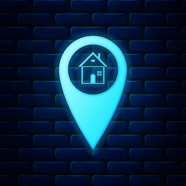 Leuchtender neonfarbener Kartenzeiger mit Haussymbol isoliert auf Ziegelsteinwand-Hintergrund. Markierungssymbol für den Wohnort. Vektorillustration — Stockvektor