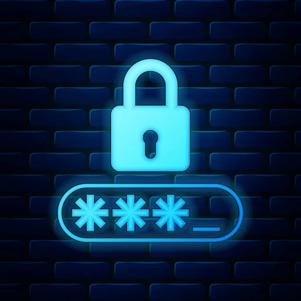 Svítící neonová ochrana heslem a bezpečnostní ikona izolovaná na pozadí cihlové zdi. Ikona zámku. Bezpečnost, bezpečnost, ochrana, koncepce ochrany osobních údajů. Vektorová ilustrace — Stockový vektor