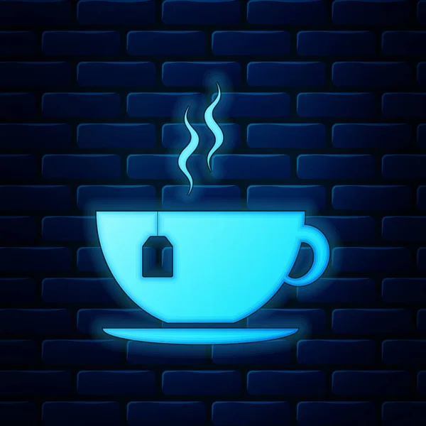 Świecący neon Cup z ikoną torebki herbaty izolowane na tle cegły ściany. Ilustracja wektora — Wektor stockowy