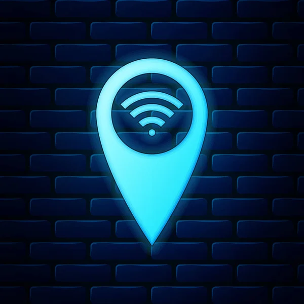 Leuchtende Neon-Zeiger-Karte mit Wifi-Internet-Signalverbindung Symbol isoliert auf Ziegelwand Hintergrund. Vektorillustration — Stockvektor