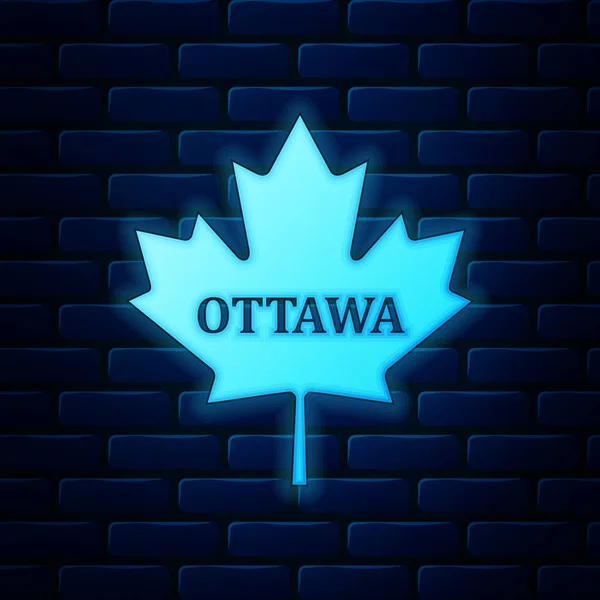 Leuchtende neon kanadischen Ahornblatt mit Stadtnamen ottawa Symbol isoliert auf Backstein-Wand-Hintergrund. Vektorillustration — Stockvektor