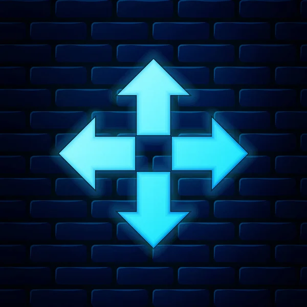 Glödande neon pilar i fyra riktningar ikonen isolerad på tegel vägg bakgrund. Vektor Illustration — Stock vektor
