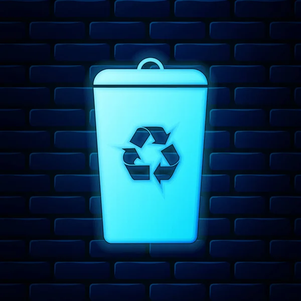 レンガの壁の背景に分離されたリサイクルシンボルアイコンと輝くネオンリサイクルビン。ゴミ箱のアイコン。ゴミ箱の標識。バスケットの看板をリサイクルします。ベクトルイラストレーション — ストックベクタ