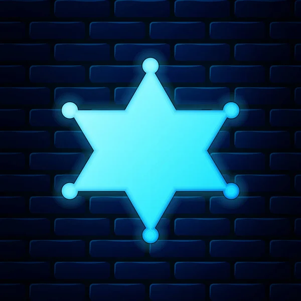 Glowing neon Hexagram sheriff icon isolated on brick wall background. Police badge icon. Vector Illustration — Stock Vector