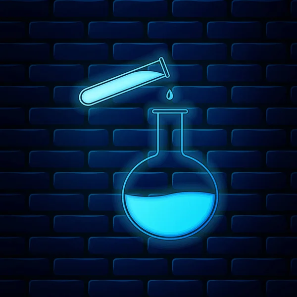 Светящаяся неоновая пробирка и колба - иконка для лабораторных химических испытаний, изолированная на фоне кирпичной стены. Знак лабораторной посуды. Векторная миграция — стоковый вектор