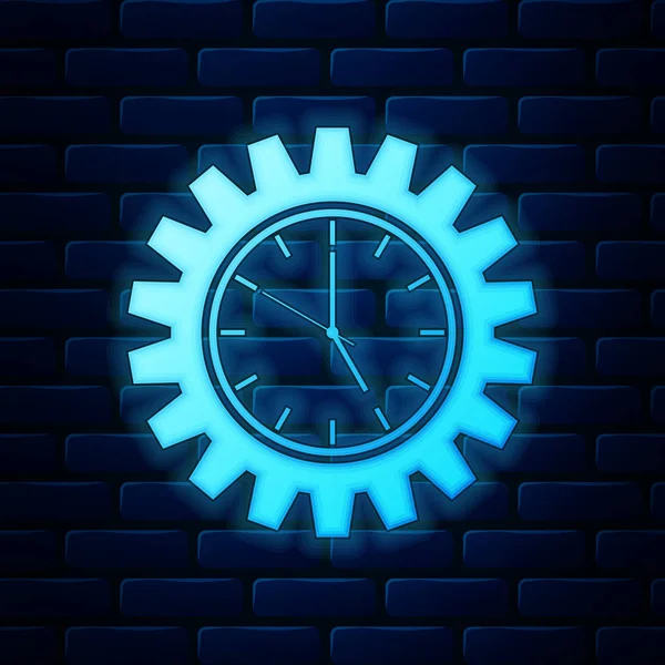 Icono de gestión del tiempo de neón brillante aislado en el fondo de la pared de ladrillo. Señal de reloj y engranaje. Símbolo de productividad. Ilustración vectorial — Vector de stock