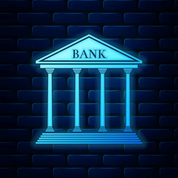 Gloeiende neon Bank gebouw pictogram geïsoleerd op bakstenen muur achtergrond. Vectorillustratie — Stockvector