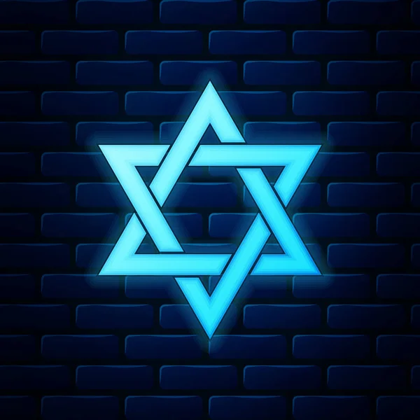 Lumineux néon étoile de David icône isolée sur fond de mur de briques. Symbole de religion juive. Illustration vectorielle — Image vectorielle