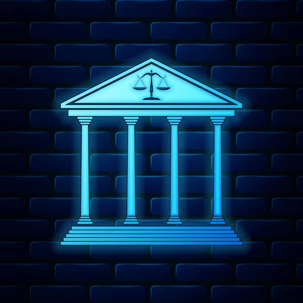 Glowing neon Courthouse building icon isolated on brick wall background. Vector Illustration — Stock Vector