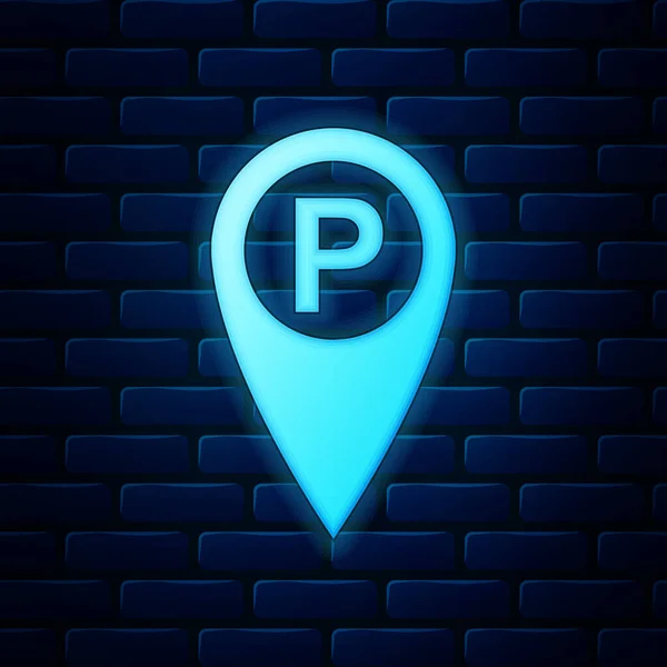 Glowing neon Map pointer with car parking icon isolated on brick wall background. Vector Illustration — Stock Vector