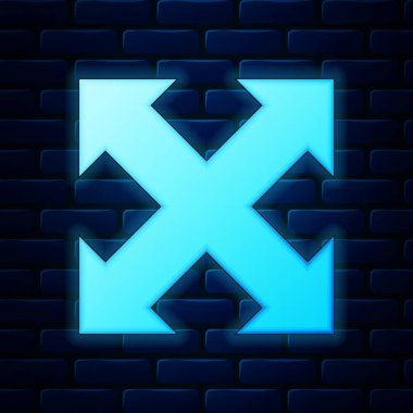 Dört yönlü parlak neon oklar tuğla duvar arka planında izole edilmiş. Vektör İllüstrasyonu