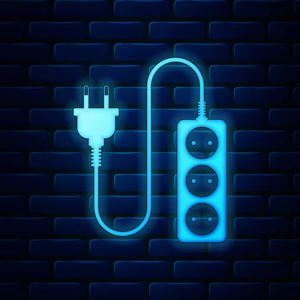 Glödande neon Elektrisk förlängningssladd ikon isolerad på tegel vägg bakgrund. Strömkontakt uttag. Vektor Illustration — Stock vektor