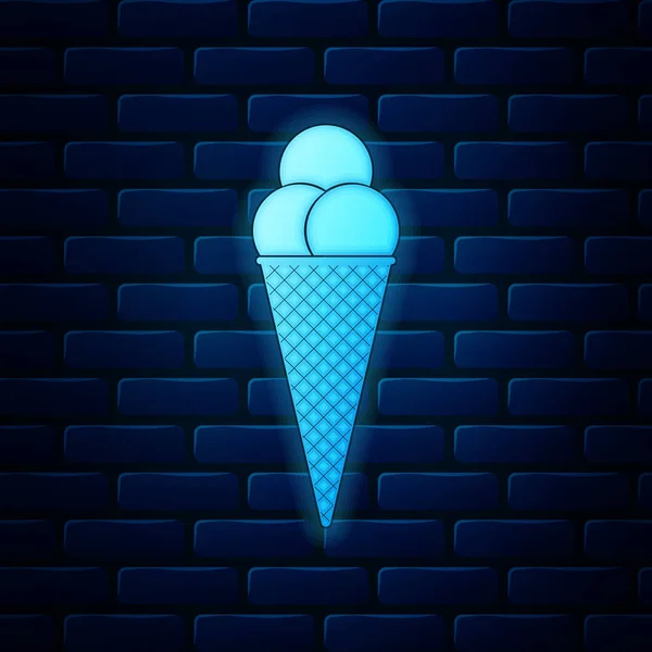 Zářící neon Zmrzlina ve vaflovacím kuželu ikona izolované na cihlové zdi pozadí. Vektorová ilustrace — Stockový vektor