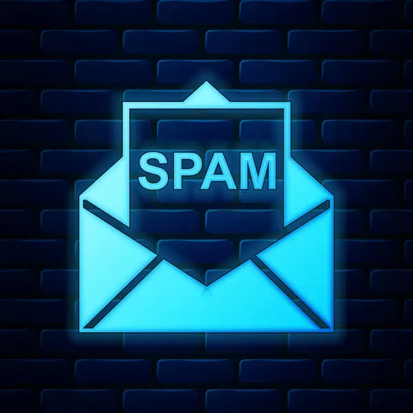 Λαμπερός φάκελος νέον με εικονίδιο spam που απομονώνεται σε φόντο τοίχου από τούβλα. Έννοια του ιού, πειρατεία, πειρατεία και ασφάλεια. Εικονογράφηση διανύσματος — Διανυσματικό Αρχείο