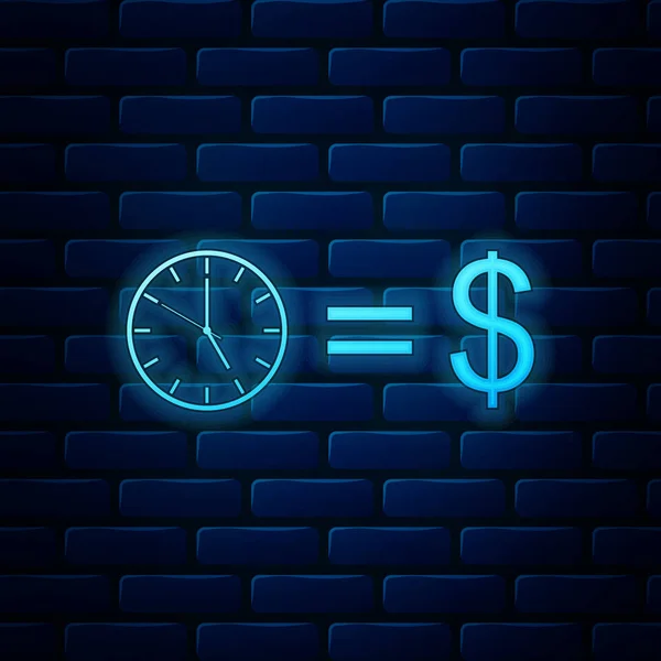 Glowing neon Time is money icon isolated on brick wall background. Money is time. Effective time management. Convert time to money. Vector Illustration — Stock Vector