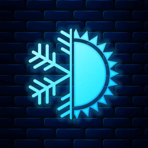 发光的霓虹灯冷热的象征。太阳和雪花图标隔离在砖墙背景。冬季和夏季的象征。矢量插图 — 图库矢量图片