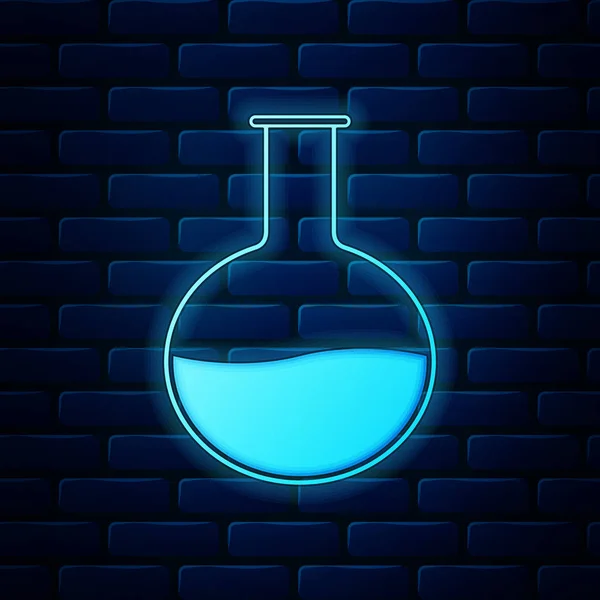 Lumineux néon Tube à essai et fiole icône d'essai de laboratoire chimique isolé sur fond de mur de brique. Verrerie de laboratoire signe. Illustration vectorielle — Image vectorielle